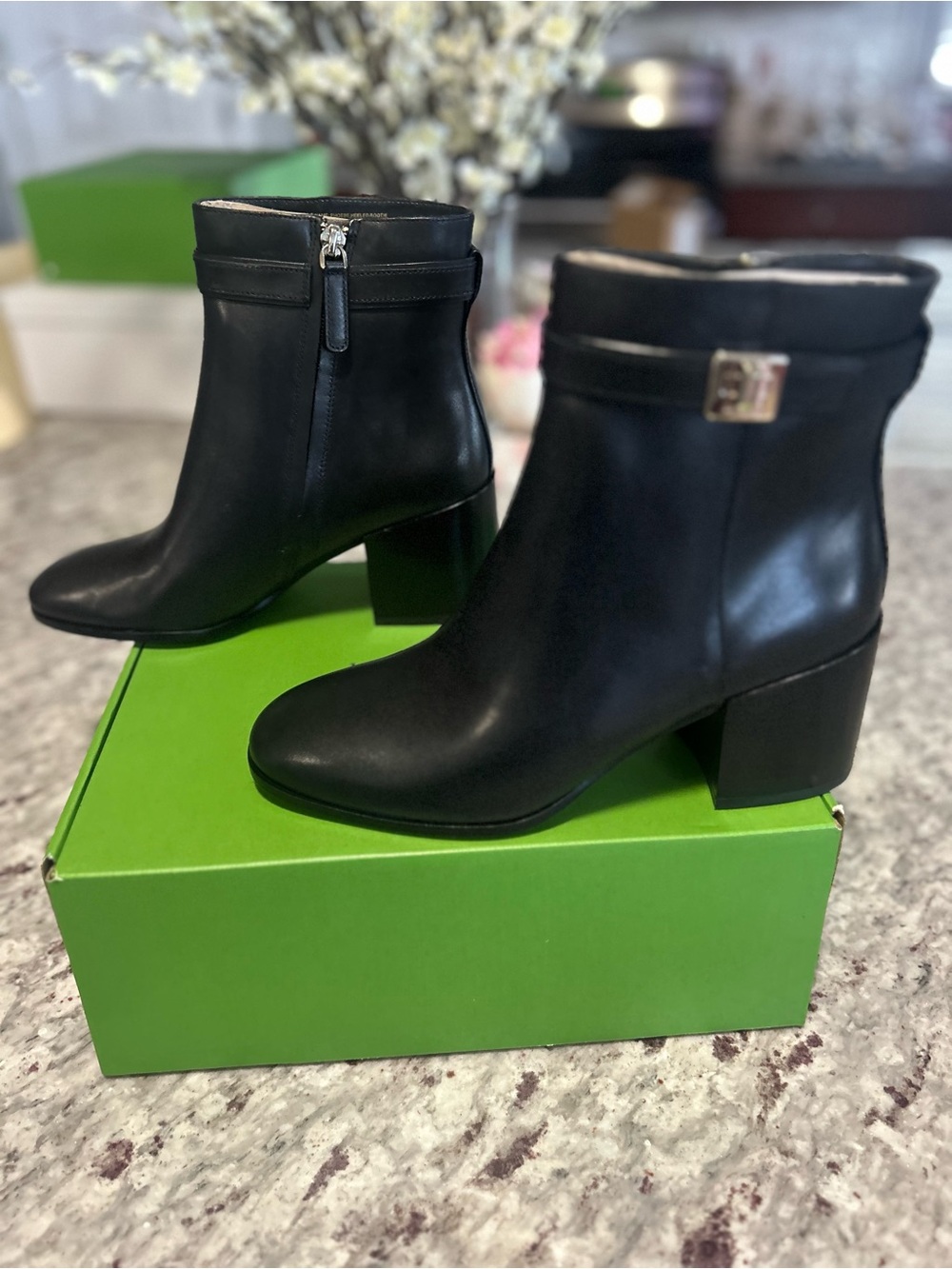 kate spade Phoebe Black Leather Booties with Side Zip